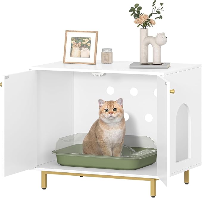 Hzuaneri Cat Litter Box Enclosure, Hidden Litter Box Furniture Cabinet, Wooden Indoor Cat House, Side End Table, Living Room, Bedroom, White and Gold CB85003G