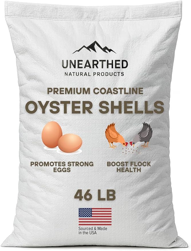 Unearthed Premium Oyster Shell Calcium Supplement for Poultry – 46lb Bulk Bag – USA-Sourced, Feed-Grade Oyster Shells for Strong Eggshells, Healthy Chickens, Ducks & Game Birds