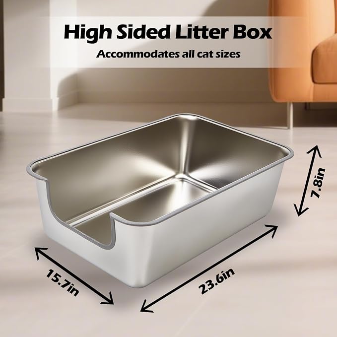 Stainless Steel Cat Litter Box,Jumbo XL Extra Large Mental Cat Litter Pan with High Sides Lid,Low Entry for Indoor Big Cats,Non Sticky,Easy to Clean,Anti-Urine Leakage