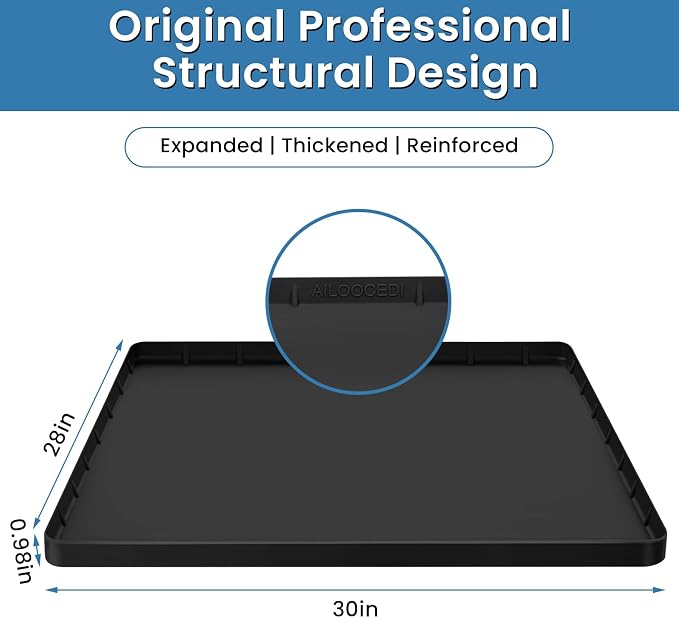 Large Thickened Washing Machine Mat 30" x 28" Silicone Under Washer and Dryer Drain Pan Drip Tray Floor Protector Non-Slip Flexible Soft Mat Waterproof Raised Edge 0.98'' Black