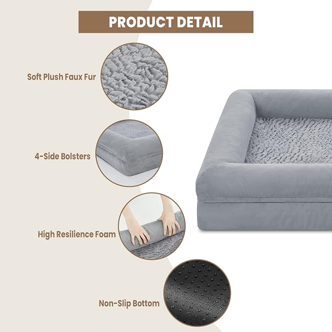 Yiruk XL Orthopedic Dog Bed for Large Dogs, Extra Large Waterproof Dog Bed with Removable Washable Cover, 4-Sides Bolster Support Pet Couch Sofa with Non-Slip Bottom, Grey