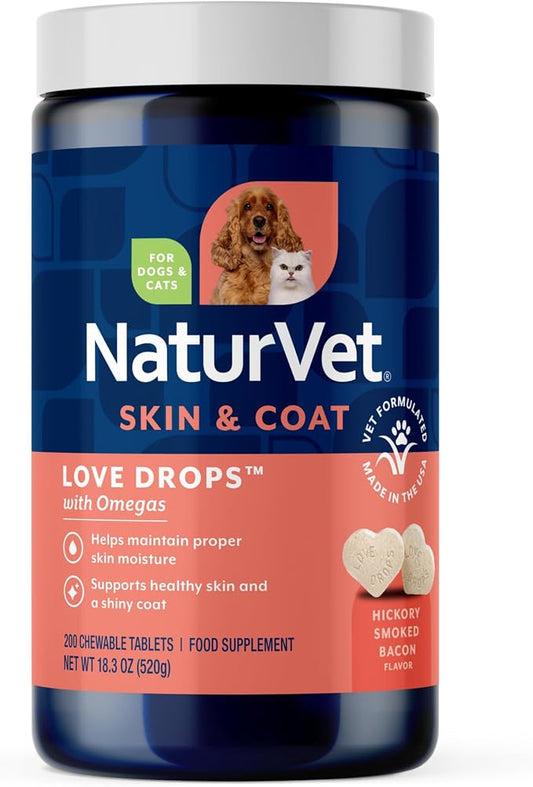 NaturVet Love Drops Plus Omegas Skin & Coat Supplement for Dogs and Cats – for Dog Skin, Cat Coats – Includes Brewer’s Dried Yeast, Omega-3, Omega-6 – Peanut Butter Flavor – 200 Ct.
