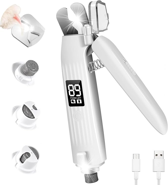 Dog Nail Clippers with Light, 2-in-1 Dog and Cat Nail Clipper with Grinder, Quiet Pet Nail Trimmer for Small Medium Large Dogs and Cats, USB Rechargeable