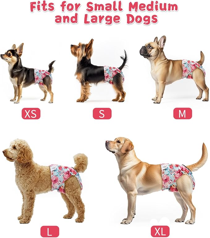 CuteBone Washable Female Dog Diapers 4 Pack Reusable Doggie Heat Diapers for Period FMG03M