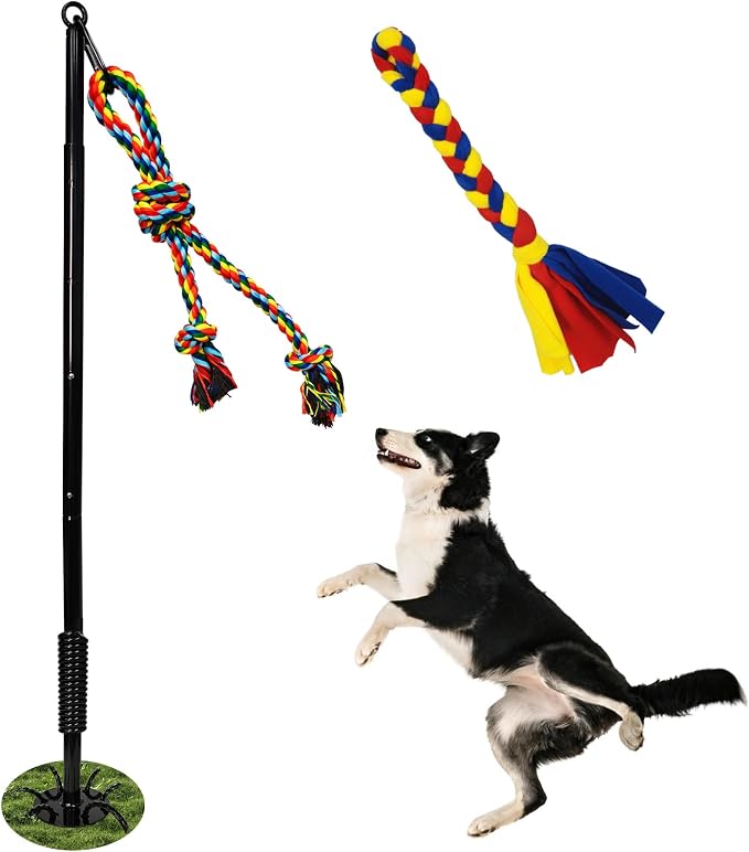 Flirt Pole for Dogs, Interactive Teaser Wand with 1 Fleece Rope Toy for Chase and Tug of War+Outdoor Interactive Dog Toys with 2 Rope Toy for Large Medium Small Dogs Chase
