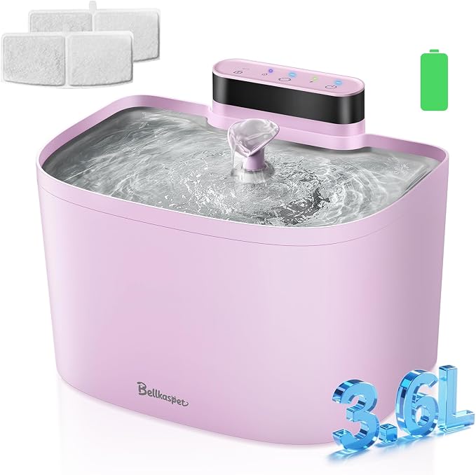 Cat Water Fountain, Battery Operated Wireless Cat Fountain, 122oz/3.6L Pumpless Water Fountains for Cats Indoor with Stainless Steel Tray, Dog and Pet Water Fountain (Pink, Fountain+2 Fliters)