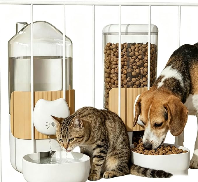 Hanging Automatic Cat Feeder and Water Dispenser Set, Gravity Pet Food & Water Bowl for Wire Cage, No-Spill Pet Feeding Station for Small Dogs Rabbits (Milk Coffee)