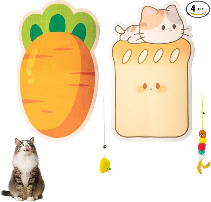 Cat Scratchers for Indoor Cats 11.8x15.7in, Cat Scratching Board Wall Mounted 2-Pack, Toast Shape with Caterpillar Toy & Carrot Shape with Mouse Toy for Door Furniture Living Room