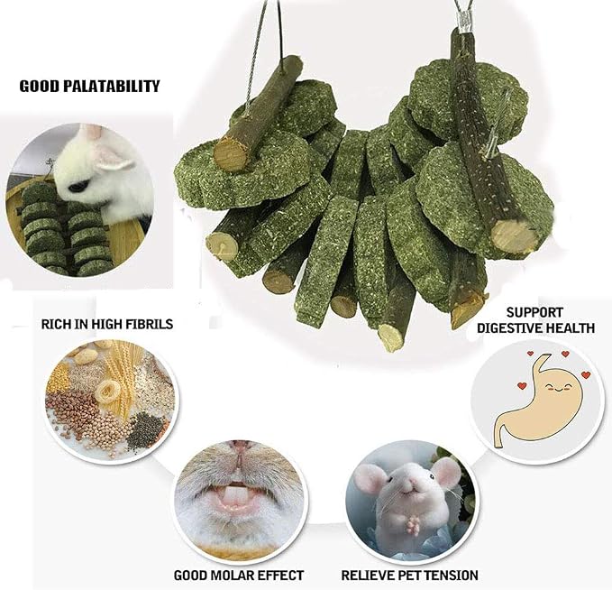 Hamiledyi Bunny Chew Toy for Teeth & Guinea Pig Natural Organic Fruitwood Sticks with Grass Cake & 6 Pcs Rabbit Cage Mats Plastic, 7.8 x 11.8 inches