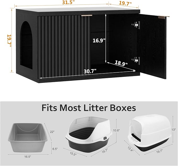 Homhedy Cat Litter Box Enclosure, Modern Fluted Accent Cat Washroom Furniture, Pet House, Fit Most of Litter Box, Black