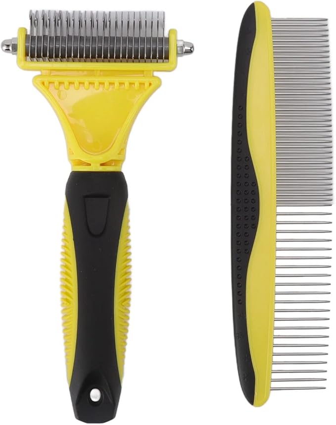 Undercoat Rake Kit, Stainless Steel Double Sided, Quick Open Knots, Safe for Dense Hair Pets, Ergonomic Handle, Sturdy and Durably, Rounded Edges for Sensitive Skin, Optimal Shedd