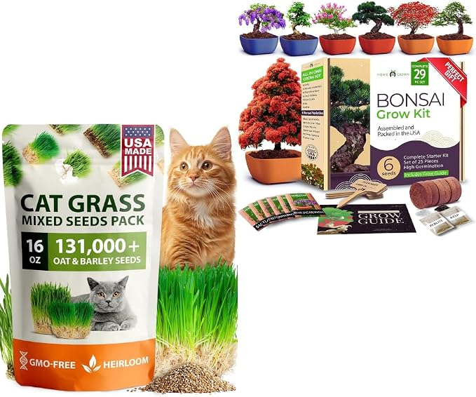 HOME GROWN 𝗨𝗦𝗔 𝗣𝗥𝗘𝗠𝗜𝗨𝗠 1 Pound Cat Grass Seeds for Cat & Kittens Oat & Barley Mix &HOME GROWN 𝗨𝗦𝗔 Bonsai Tree Kit – 6 Heirloom Varieties with Unique Pots