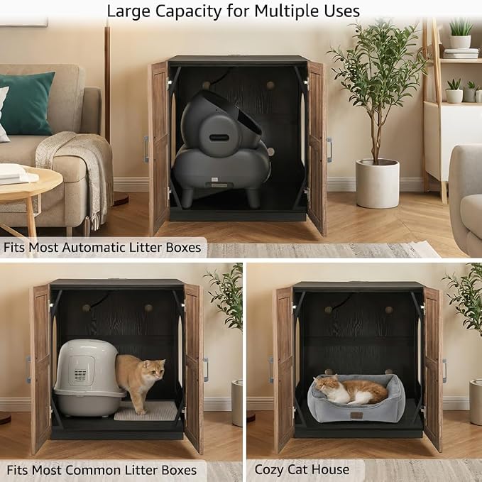 unipaws Extra Large Cat Litter Box Enclosure for Self-Cleaning & Automatic Litter Boxes, Tall Cabinet with Charging Station, Wooden Dog Proof Hidden Cat House for Top Entry Litter Box