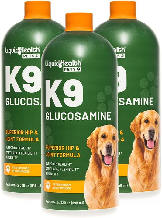 LIQUIDHEALTH Pets K9 Liquid Glucosamine for Dogs, Puppies, Senior Canines with Chondroitin, MSM, Hyaluronic Acid - Dog Vitamins for Hip Joint Health, Dog Joint Oil, Joint Juice - Made in USA (3 Pack)