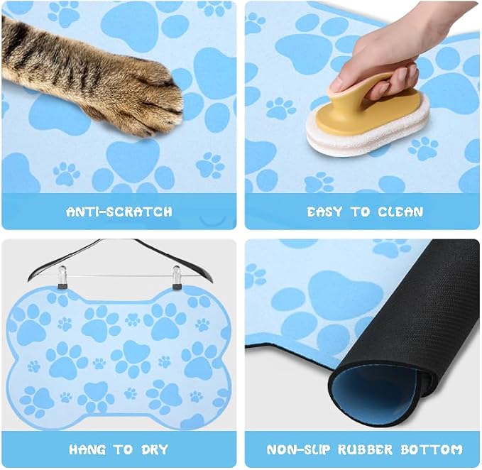 Dog Food Mats for Floors Waterproof, Pet Feeding Absorbent Water Bowl Mat Cat Placemats Blue Bone Shape 25.5 * 17 inch
