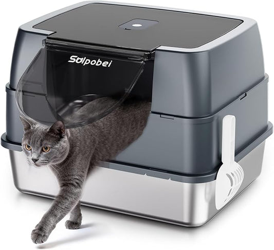Solpobei Stainless Steel Cat Litter Box with Lid, Covered Pan, Medium | Metal cat box, small enclosed pan, 18.7 in length, high sided, odor control