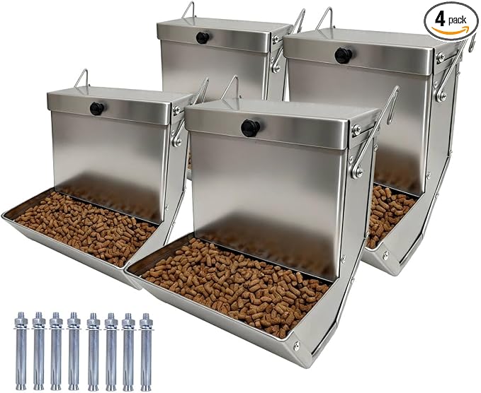 Rabbits Feeder 4 Pcs - Gravity Feeding for Cage Stainless Steel 4Lbs 6.2 Inch, Anti-Corrosion Durable with Sliding Lid for Pet Small Animal Indoor Outdoor Use, Holds Several Days' Food