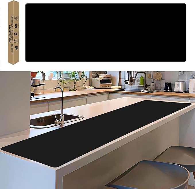 Large Silicone Mat, 78.7”x 15.7” Extra Thick Heat Resistant Mats, Nonslip Kitchen Countertop Protector Mat, Cuttable Waterproof Counter Protector Mats for Kitchen Island Workbench (Black)
