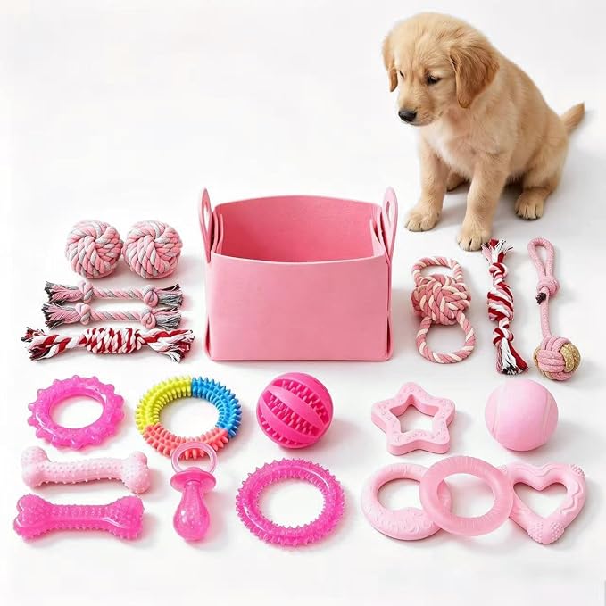 Puppy Toys Set - 20 Pack Pink Dog Chew Toys for Teething Small Breeds - Tough Rope Toys for Puppies, Cute Soft Rubber Toys Bundle with Basket for Girl Pets