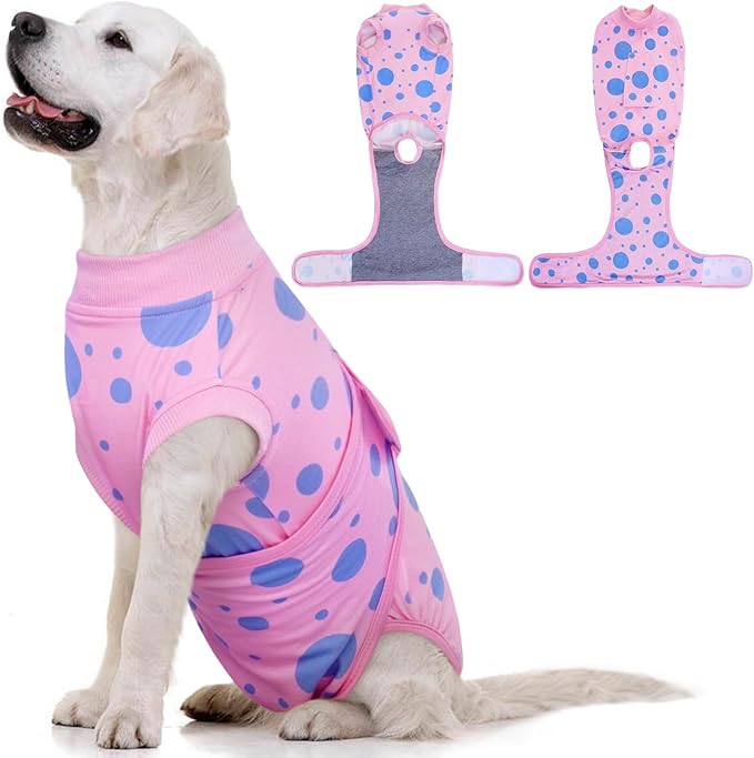 Kuoser Dog Surgery Suit, Soft Dog Spay Recovery Suit Female, Anti Licking Neuter Recovery Suit for Male Dogs, Post-Op Pet Surgical Suit Protective Wear E-Collar & Cone Alternative,Pink Polka Dots XL