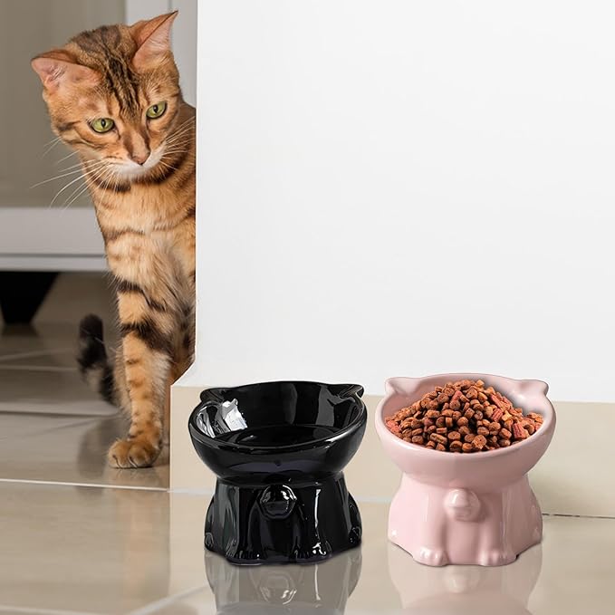 Ceramic Elevated Cats Bowls, 4Pc Extra Wide Raised Cats Bowls, Shallow Whisker Friendly Food & Water Dish, Anti Vomit, Microwave & Dishwasher Safe, 5 oz (Cat Bell 5 X 4.3'')