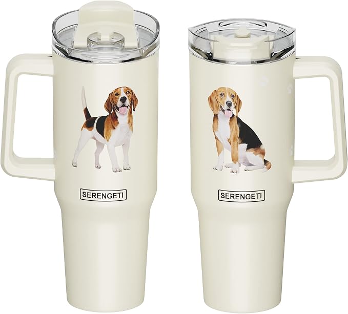 E&S Pets SERENGETI 40 Oz Ultimate Tumbler with Handle and Straw - Vacuum Insulated Tumbler with Straw and Lid - Stainless Steel Travel Mug for Pet Lovers - 3D Designs of your favorite Dog (Beagle)