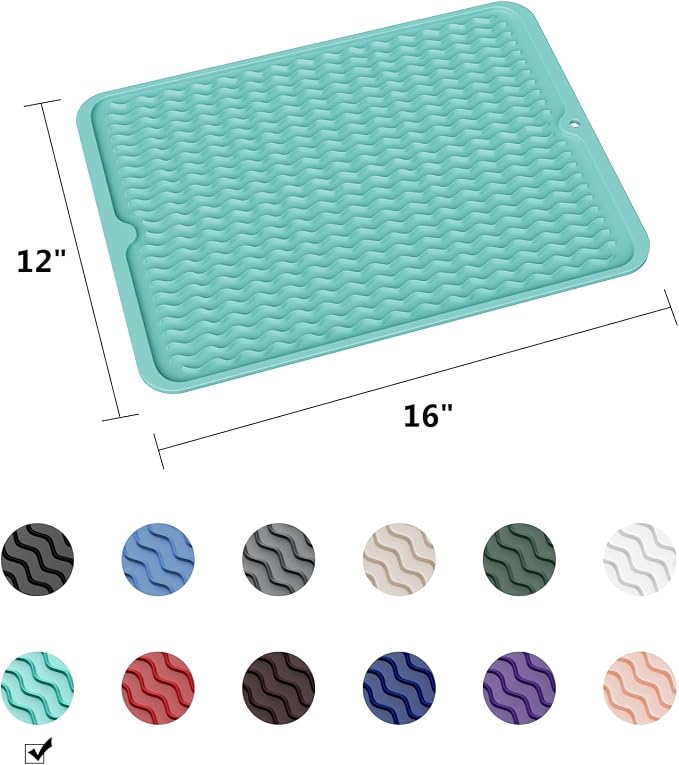 ZLR Silicone Dish Drying Mat for Kitchen Counter (12" x 16" / 307 x 405mm) - Large Fast-Dry Drainer Mat with Raised Wavy Ridges & 5mm Lip - Non-Slip, Heat Resistant 450°F, BPA-Free (Mint Green)