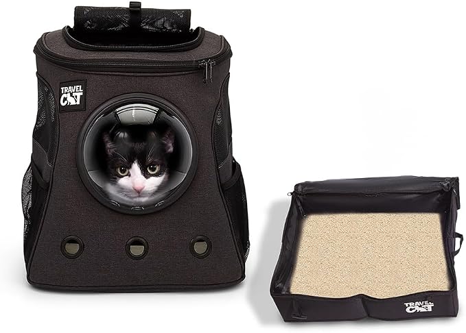 Fat Cat Airline-Approved Backpack Carrier with Space Capsule Bubble & Portable Collapsible Litter Box – Travel Essentials for Cats, Kitten – Comfortable, Ventilated Cat Carrier and Easy Clean Litter B