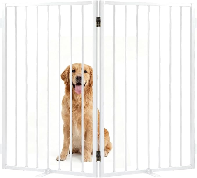 Full Metal Freestanding Dog Gate with Cat Door for Outdoor & Indoor,34" Tall Foldable Pet Fence,40" Extra Wide Free Standing Dog Gate for RV Camping,Stairs,Hallways,Doorways,Deck,Yard (2 Panels,White)