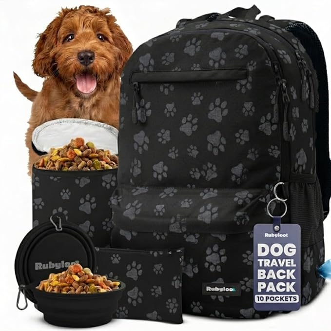 Dog Travel Bag for Supplies - Complete Dog Diaper Bag Backpack with 2 BPA-Free Travel Bowls, Treat Pouch, Food Container, Placemat & Laptop Sleeve – for Traveling, Road Trips, Hiking: Black-Paw Print