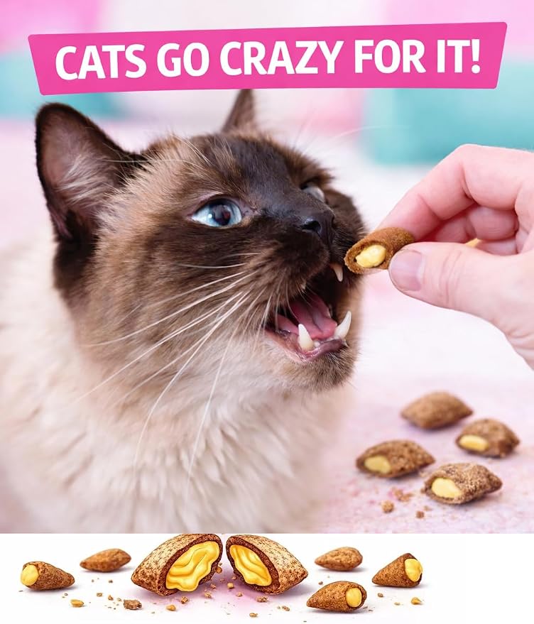 Calming Cat Treats for Indoor Cats – Crunchy Pillow Bites Gooey Center – Seafood Low Calorie Kitty Treats – Cat Snacks Food Topper Training Reward Wheat Soy Free Healthy Dental – 6oz Resealable