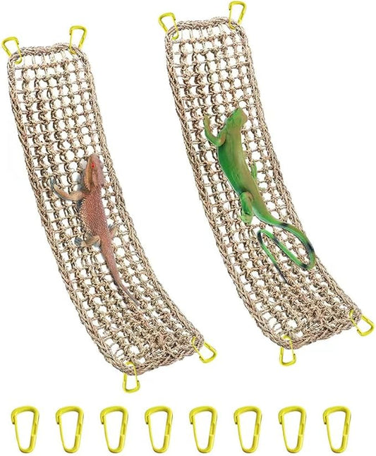 Bearded Dragon Hammock 2 Pcs Large Lizard Reptile Hammock in Seagrass Climbing Fiber Habitat Tank Accessories Jungle Toys for Lizard, Leopard, Gecko, Snake, Iguana, Amphibian