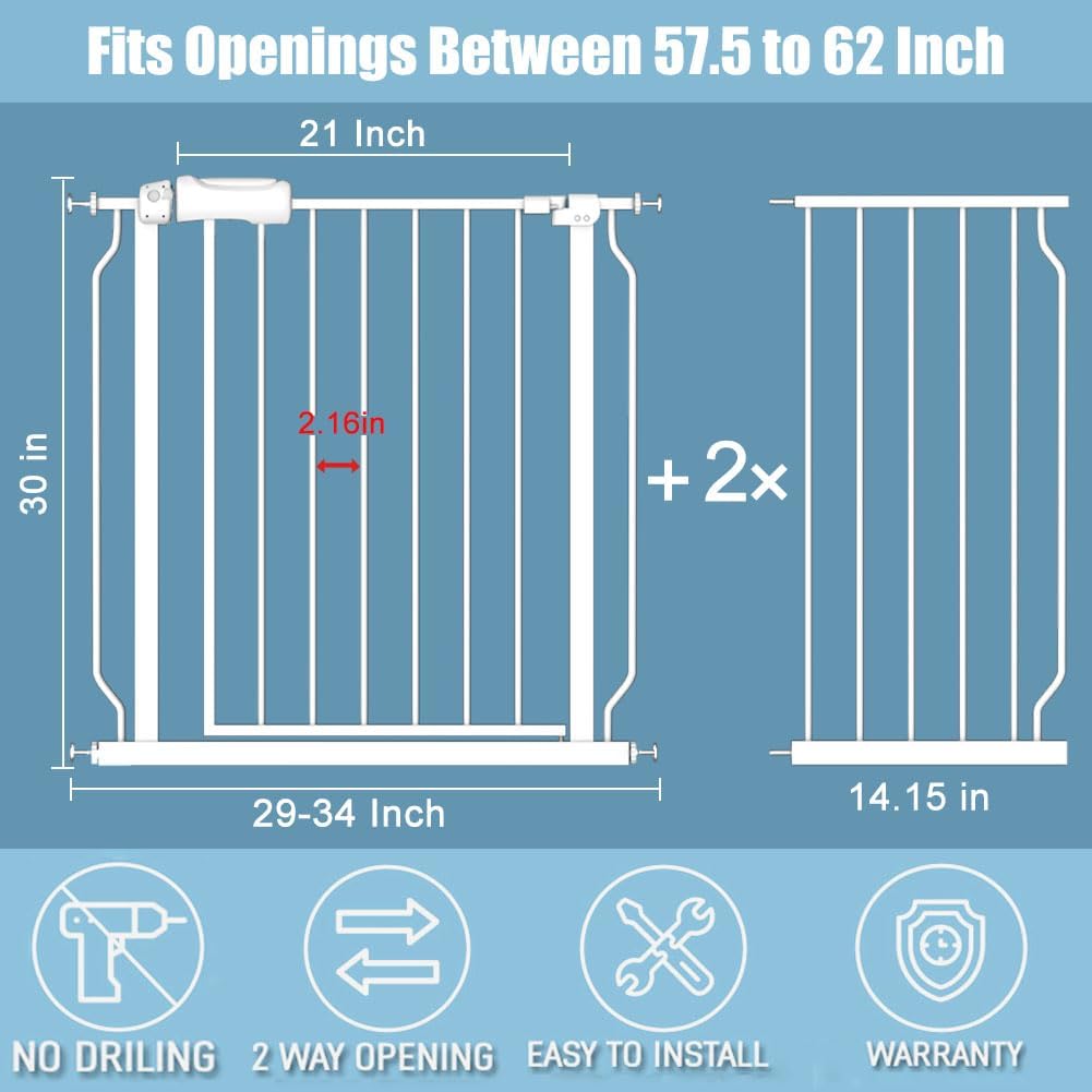 57.5-62 Inch Extra Wide Baby Gates for Stairs Doorways Pressure Mount No Drill Dog Pet Gate Automatic Close Child Safety Gate for Toddler Kids Pets