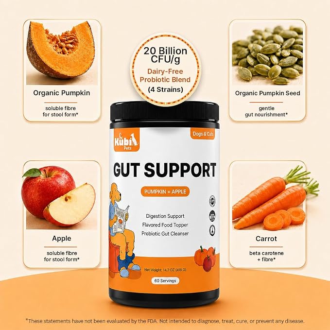 Pumpkin Gut Support for Dogs – Digestive Health Supplement with Natural Fiber & Probiotics, 60 Servings | Kubi Pets