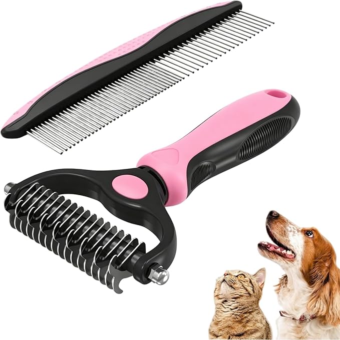 acssart Pet Grooming Brush Double Sided Dematting Comb & Undercoat Rake for Dogs Cats - Long Hair Deshedding Brush (Pink)