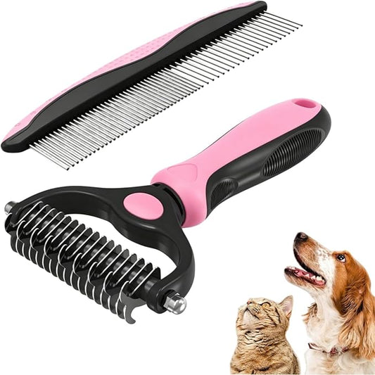 acssart Pet Grooming Brush Double Sided Dematting Comb & Undercoat Rake for Dogs Cats - Long Hair Deshedding Brush (Pink)