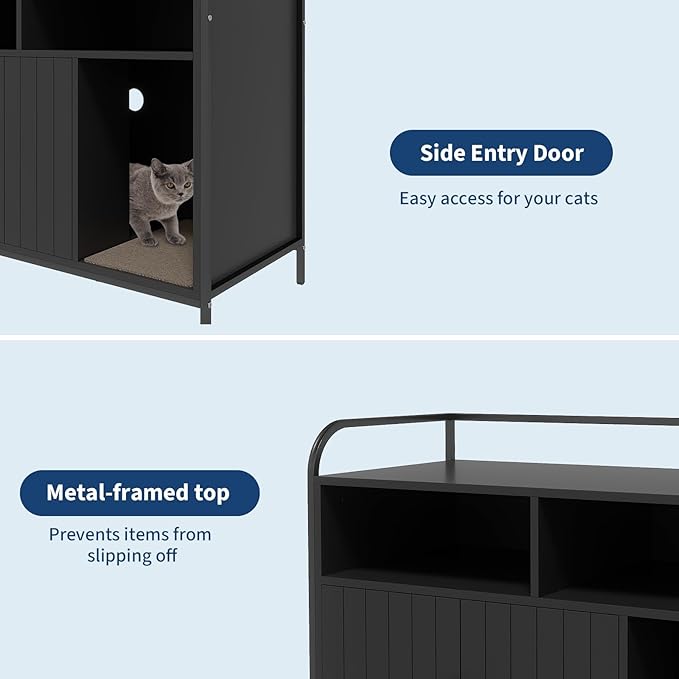 Garvee Cat Litter Box Enclosure Furniture Wooden Hidden Indoor Cat Washroom House Cabinet with 2 Open Compartments Scratching Mat Double Door Storage Cabinet Front Entry Air Vents Metal Frame