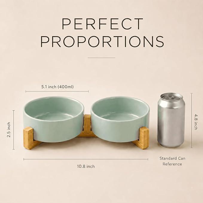 SPUNKYJUNKY Ceramic Dog and Cat Bowl Set with Wooden Stand, Modern Cute Weighted Food Water Set for Small Size Dogs (13.5OZ) & Medium Sized Dogs (28.7OZ) & Cats (1.7 Cups, 2 × Morandi Green)