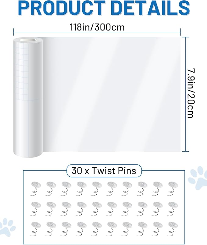 Anti Cat Scratch Furniture Protector,Clear Self-Adhesive Furniture Protectors for Apply Scratching Deterrent and Shield for Sofa Corners, Walls, Doors with 30 Twist Pins(118in x 7.9in)