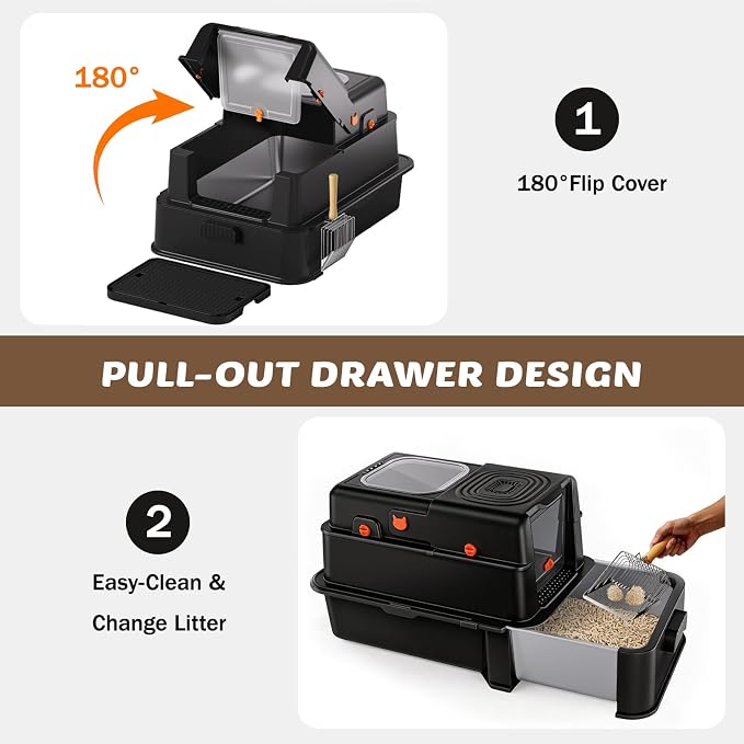 Stainless Steel Litter Box with Lid: XL Extra Large Cat Litter Box for Big Cats, Enclosed Kitty Litter Boxes with Drawer, High Sided Metal Cat Box with Scoop, Front & Top Entry, Odor Free, Non-Stick