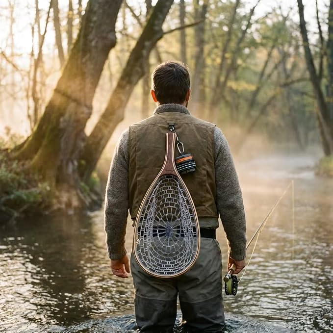 YYKBlueSky Fly Fishing Landing Net - 24" Trout Net, Soft Clear Silicone Mesh for Catch and Release, Durable Wood Frame, Safety Lanyard & Carabiner for Wading, Kayak & Boat Fishing