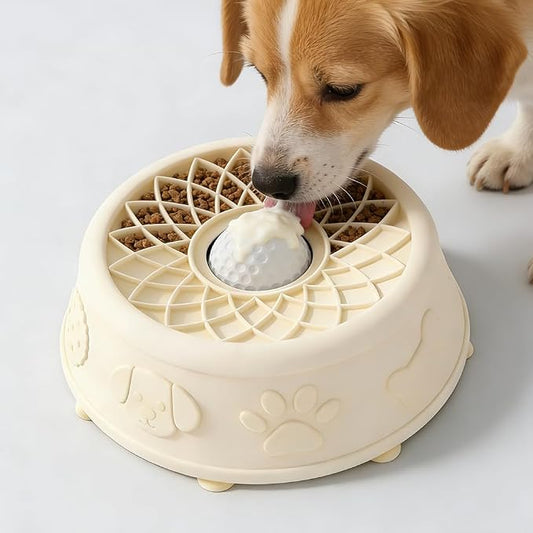 Slow Feeder Dog Bowl with Rolling Ball, No Spill Silicone Pet Lick Bowl for Dogs and Cats, Anti Slip Suction Base, Interactive Pet Feeder for Slower Eating and Cleaner Mealtime (White)