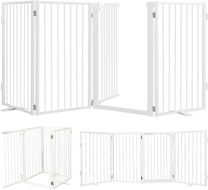 Snagle Paw Metal Freestanding Dog Gate with Door, 80” W x 32” H Dog Fence with Support Feet for Doorways, Stairs and Hallways, Portable Pet Gate for Indoor Use (4 Panel, White)