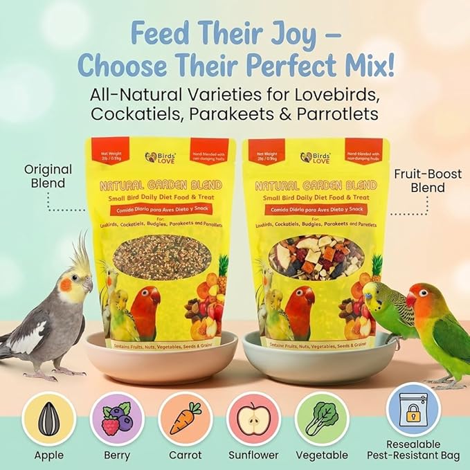 Birds LOVE Natural Garden Blend Bird Food for Small Birds, 2 lb - Hand Packed in USA, Natural Mix with Fruits, Seeds & Grains for Lovebirds, Cockatiels, Budgies & Parakeets