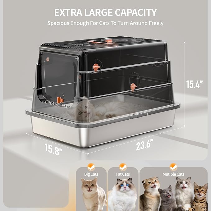 Stainless Steel Cat Litter Box with Lid, Enclosed Extra Large Metal Litter Pan for Big Cats, Full Flip Cover High Sided LitterBox Include Scoop, Easy Cleaning, Non-Stick, Black