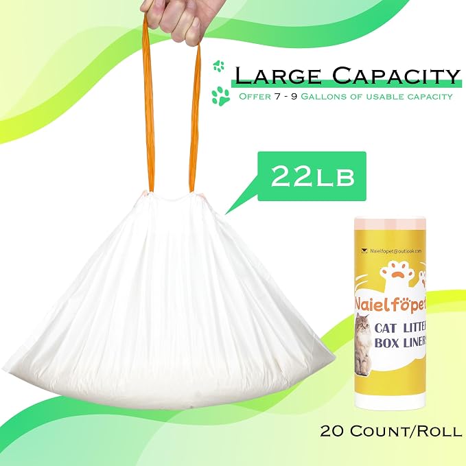 40 Count Drawstring Automatic Cat Litter Box Liner Bags, Disposable Heavy Duty Cat Litter Liners, Replaced Litter Box Bags Suit for PuraX PuraMax PuraMax2