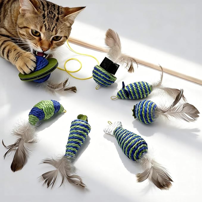 UTEE Cat Wand Toy for Indoor Cats, Interactive Teaser Set with Solid Wood Handle, 7 Replaceable Refills, Natural Paper Rope Crinkle Attachments for Kittens to Chase & Exercise