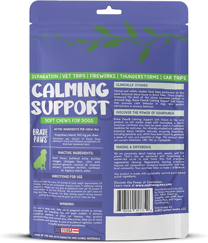 Brave Paws Calming Chews for Dogs - Plant-Based Dog Calming Chews for Anxiety Relief Support with Souroubea - Helps with Dog Separation Anxiety, Stress, Travel & Loud Noises (Fireworks, Thunder)