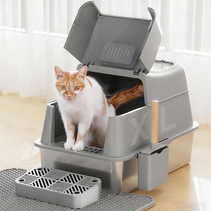 Rywell Stainless Steel Cat Litter Box with 180° Flip-Top Lid – Extra Large 40L Metal Kitty Pan, 3-in-1 Modes, High-Sided Odor Control & Anti-Splash Design for Large Cats & Multi-Cat Households