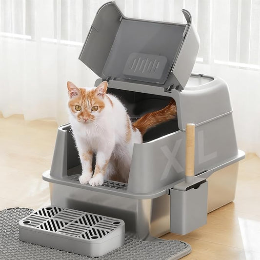 Rywell Stainless Steel Cat Litter Box with 180° Flip-Top Lid – Extra Large 40L Metal Kitty Pan, 3-in-1 Modes, High-Sided Odor Control & Anti-Splash Design for Large Cats & Multi-Cat Households